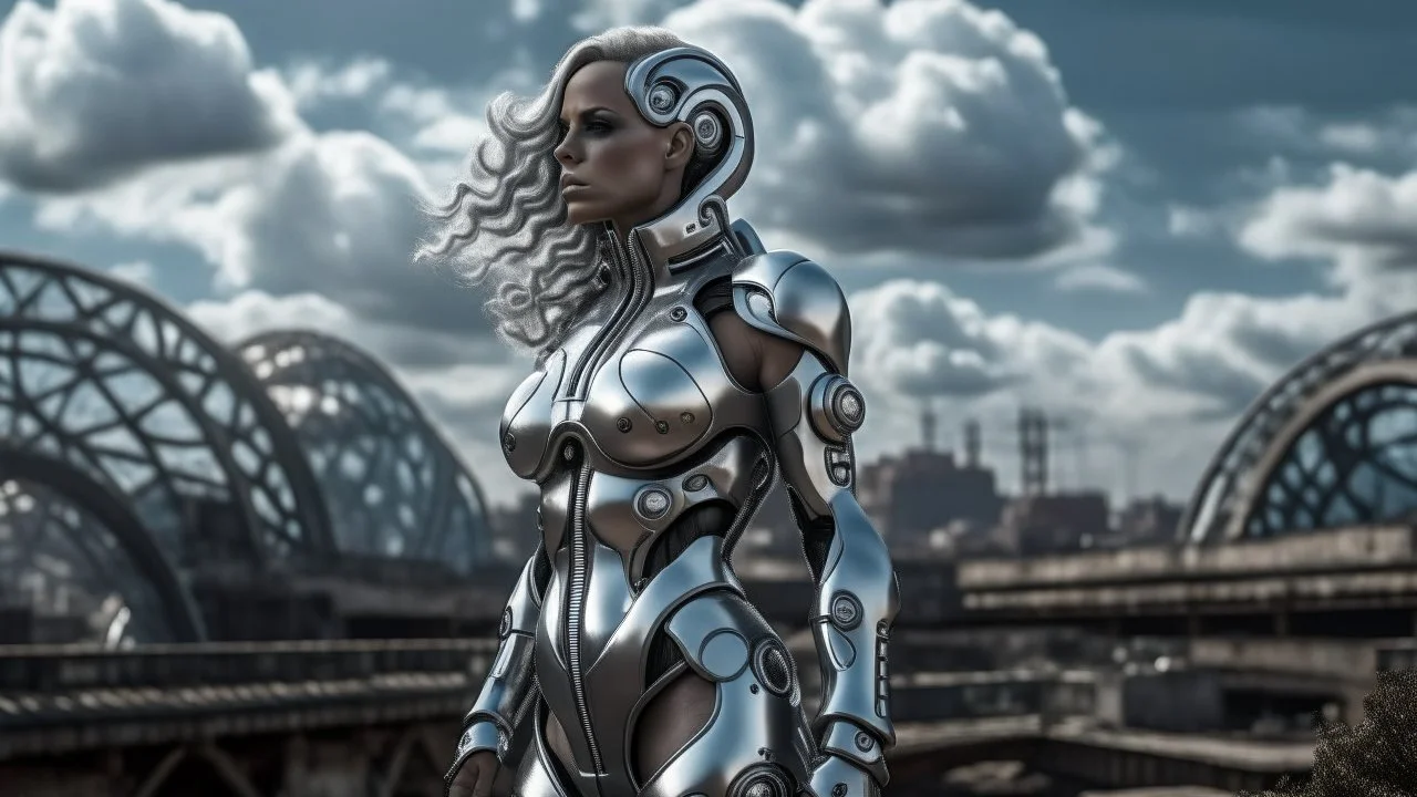 three-quarter view of a woman in a silver robotic catsuit standing in a futuristic derelict city with mushrooms with tentacles floating in the sky