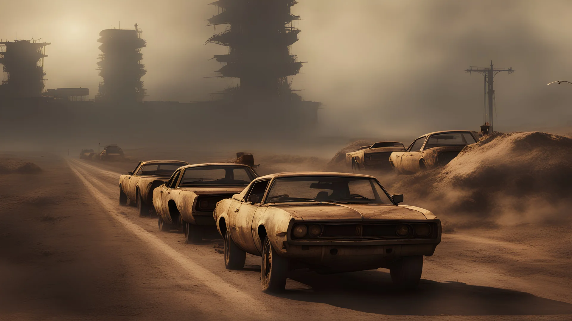 row of bandit cars on a highway, post-apocalyptic concept art