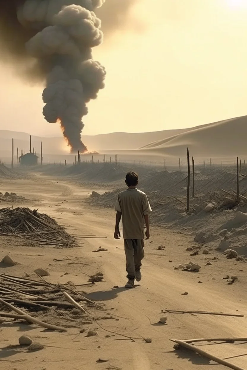 A 25-year-old wounded boy is walking in the desert with his head down, smoking a cigarette, and the scene of destruction is happening behind him