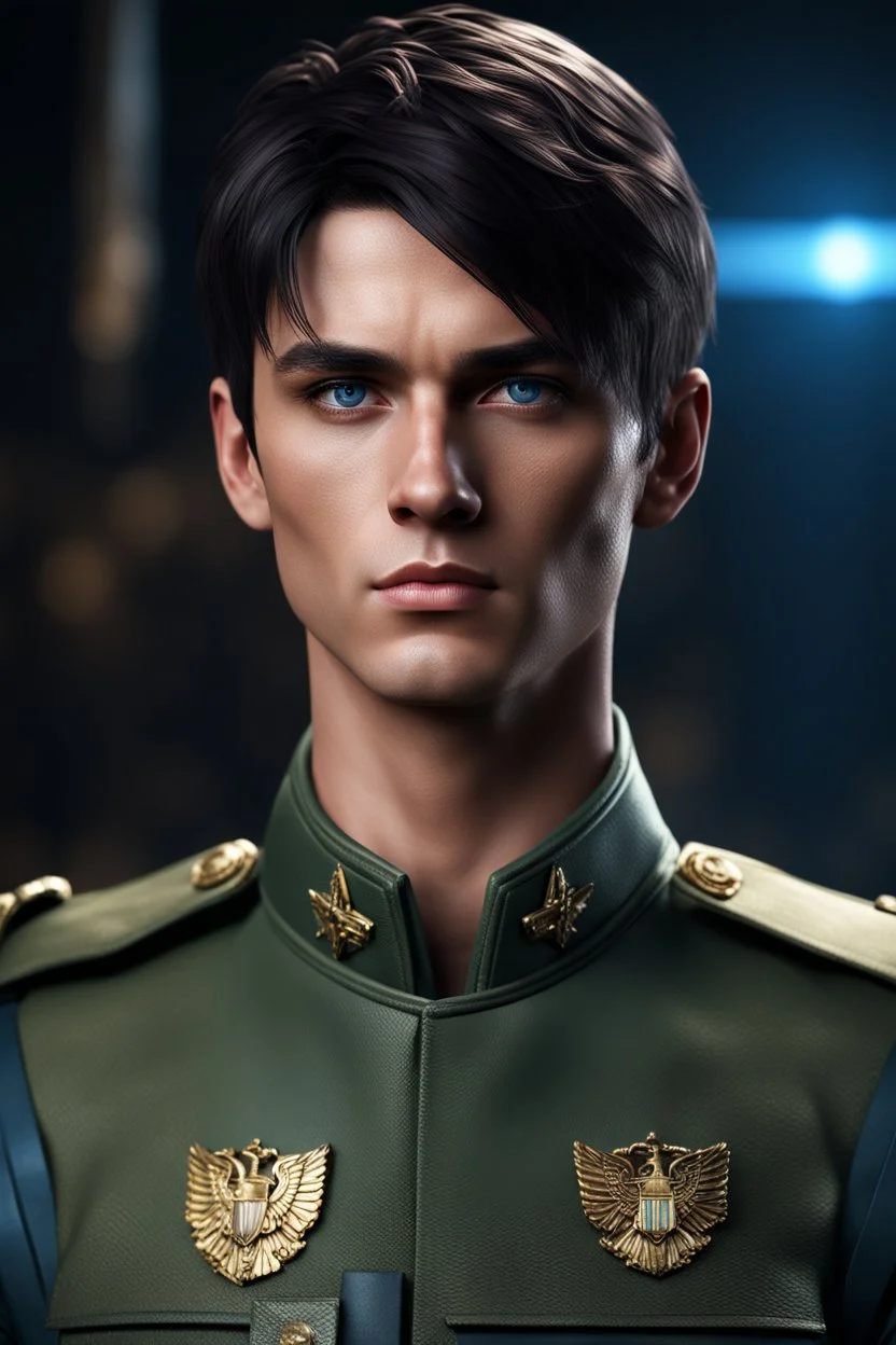 27 year old male with short dark hair and blue eyes standing with his arms folded, wearing military uniform , photorealistic, 4k, dark fantasy