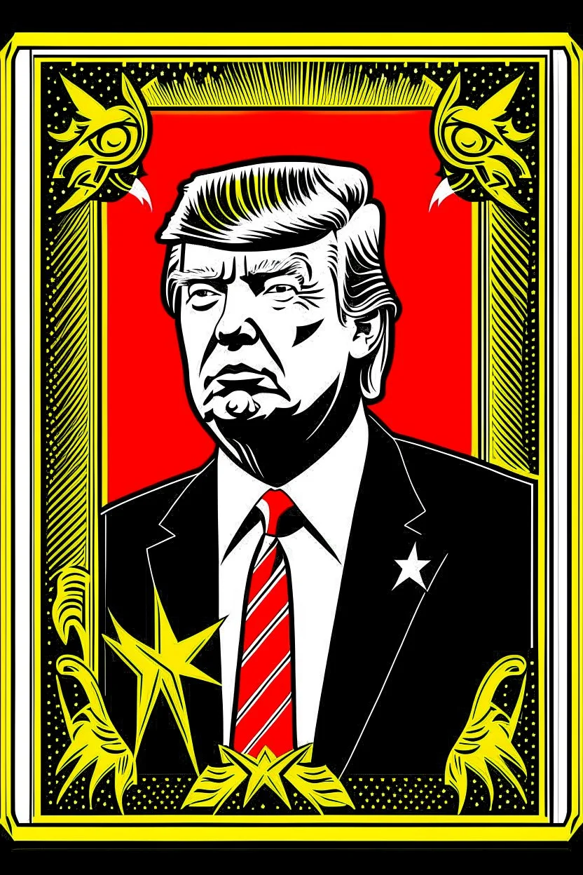 president donald trump in style of shepard fairy obama poster style gold colour stencil with american flag