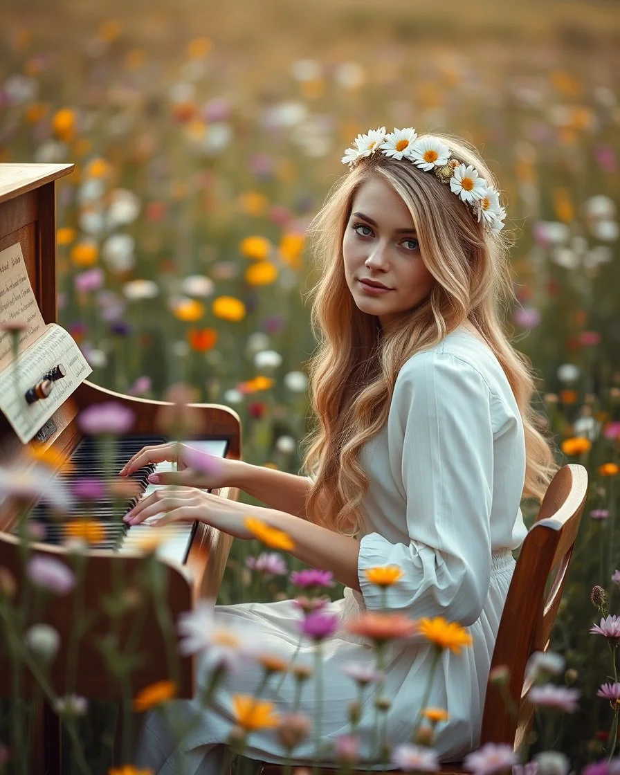 Beautiful face blond adorned sit on chair wood and playing piano in Realistic photography of a field of wildflowers, soft natural lighting, vibrant colors, intricate details,peaceful and serene atmosphere.