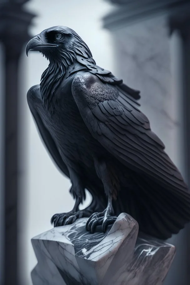 storm crow on marble statue, 4 k, trending art, depth of field, high detail, high contrast