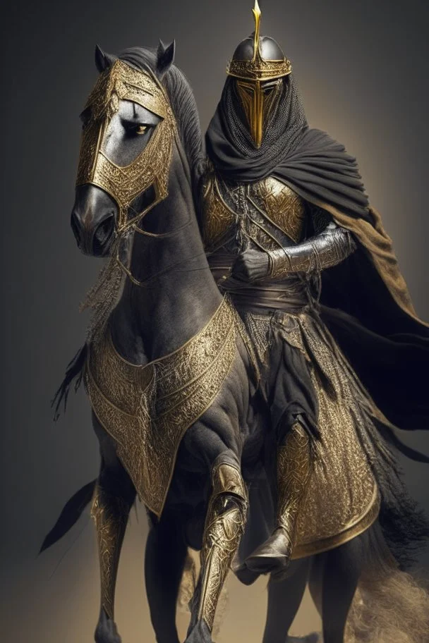 Arab warrior Full Body Full Armored Wearing Face Masculine Mysterious Powerful Fantasy High Quality Carrying his bow Golden clothes His horse behind him 8k