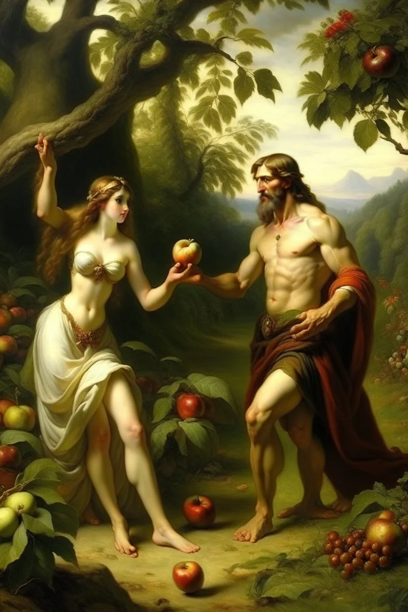 Carmen tempts adam with an apple in the garden of Eden