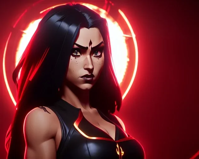 j.scott campbell, serena from mortal kombat, wearing black and red, big eyes, long black hair with red streak, small up turned nose, large breasts, small waist, round butt, standing, dark cobblestone alley, one halo light above, non photorealistic rendering