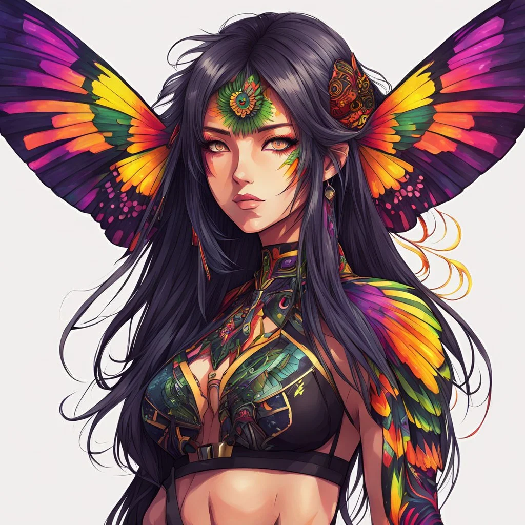 half body, long hair, with detailed schematics of a walking hybrid Madagascan sunset moth insect girl, in anime style, drawings, 8k, vibrant natural colors, white skin, wings above shoulder