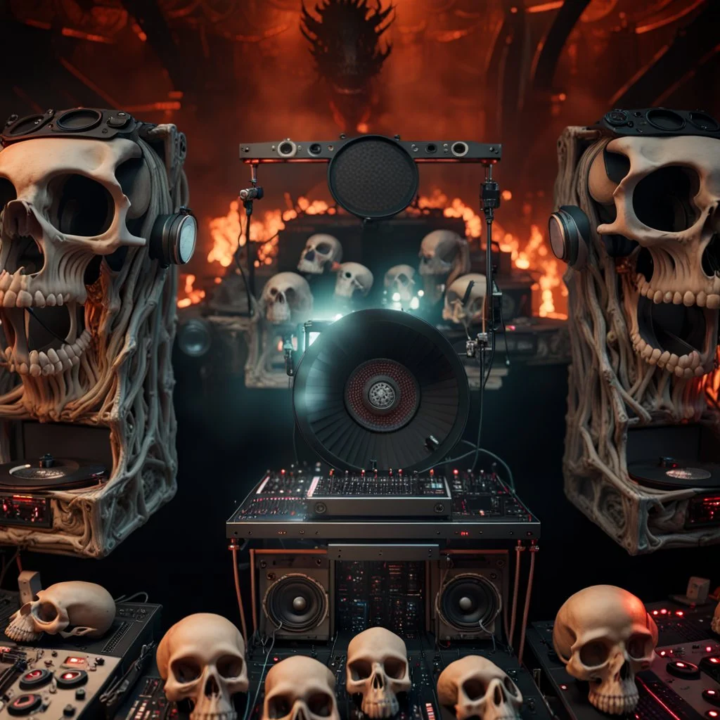 DJ of the damnded, insanely detailed DJ booth in hell, MID set, speakers and equipment made of bone, anatomically correct, add more skulls in th audience, photorealism, vray, 8k 3d