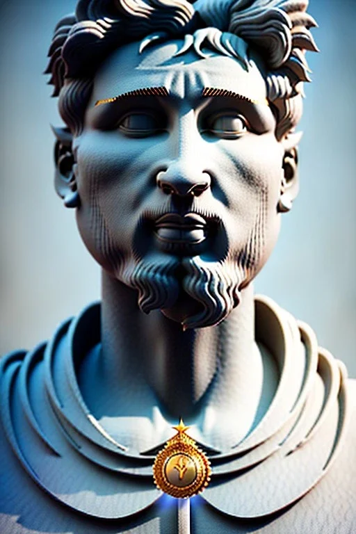 Ultra Realistic image, Roman sculpture, white marble material, Lionel Messi, sun radial crown, chisel style, waist up portrait, epic, celestial, gold, cinematic lighting, God light, god rays, 4k resolution, smooth details, ornate details, soft lighting, unreal engine 5, marble background.