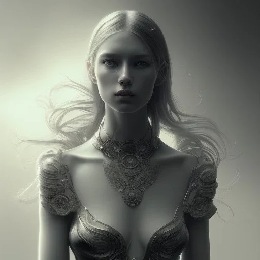 A black and white portrait of a women, long hair, upper body, head and shoulders portrait, 8k resolution concept art portrait by Greg Rutkowski, Artgerm, WLOP, Alphonse Mucha dynamic lighting hyperdetailed intricately detailed Splash art trending on Artstation triadic colors Unreal Engine 5 volumetric lighting