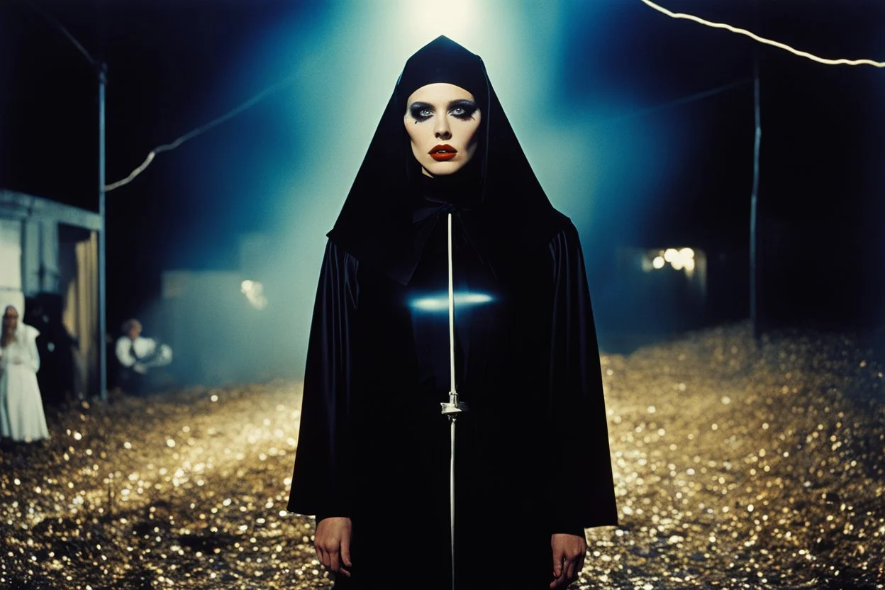 [color photo by Helmut Newton] In the eerie glow of the VHS recording, a chilling scene unfolded with scary giant mascot puppets and undead slime teddy bear mascots. A sexy 23-year-old nun, dressed in a black nun costume with 70s blonde hair, stood amidst bolts of electric arcs and glitter in the air with lightning crackling around her. The surreal mix of horror and beauty captured on film created a haunting tapestry of fear and fascination, blurring the line between reality and nightmare.