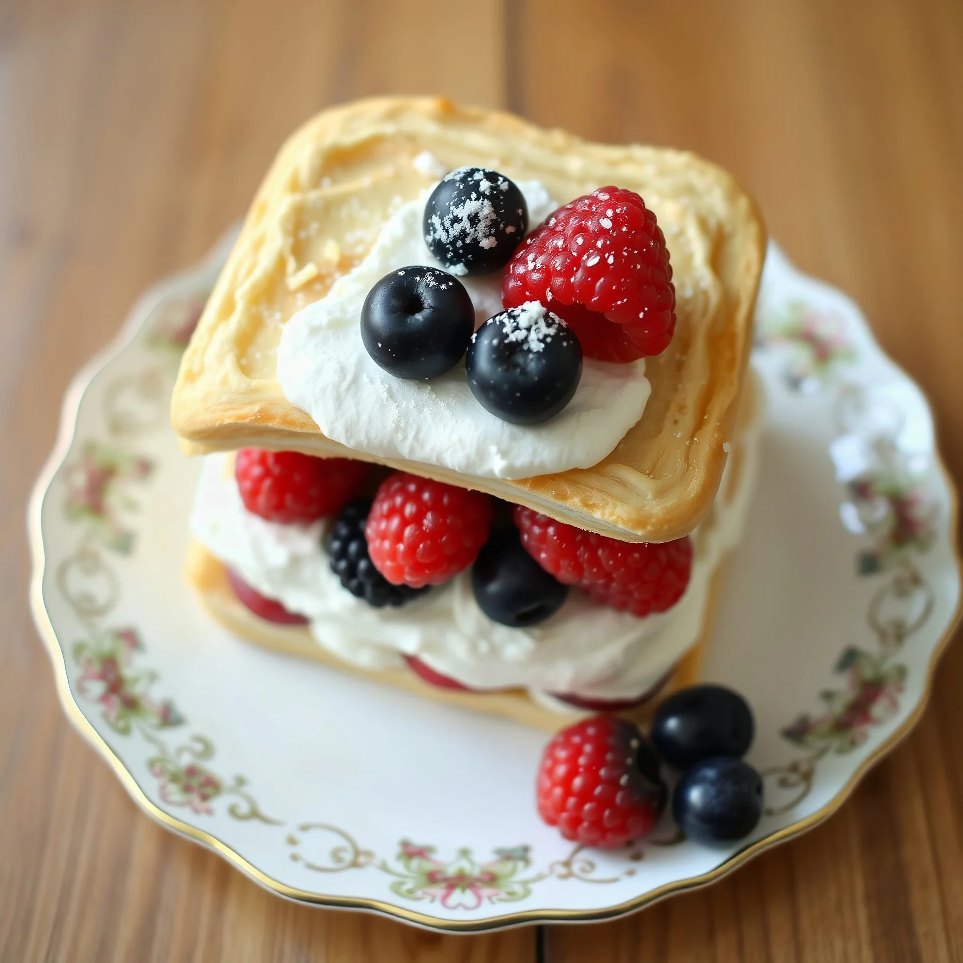 A full-view image of Mille-Feuille, delicate layers of puff pastry, cream, and fresh berries, served on a fine china plate.