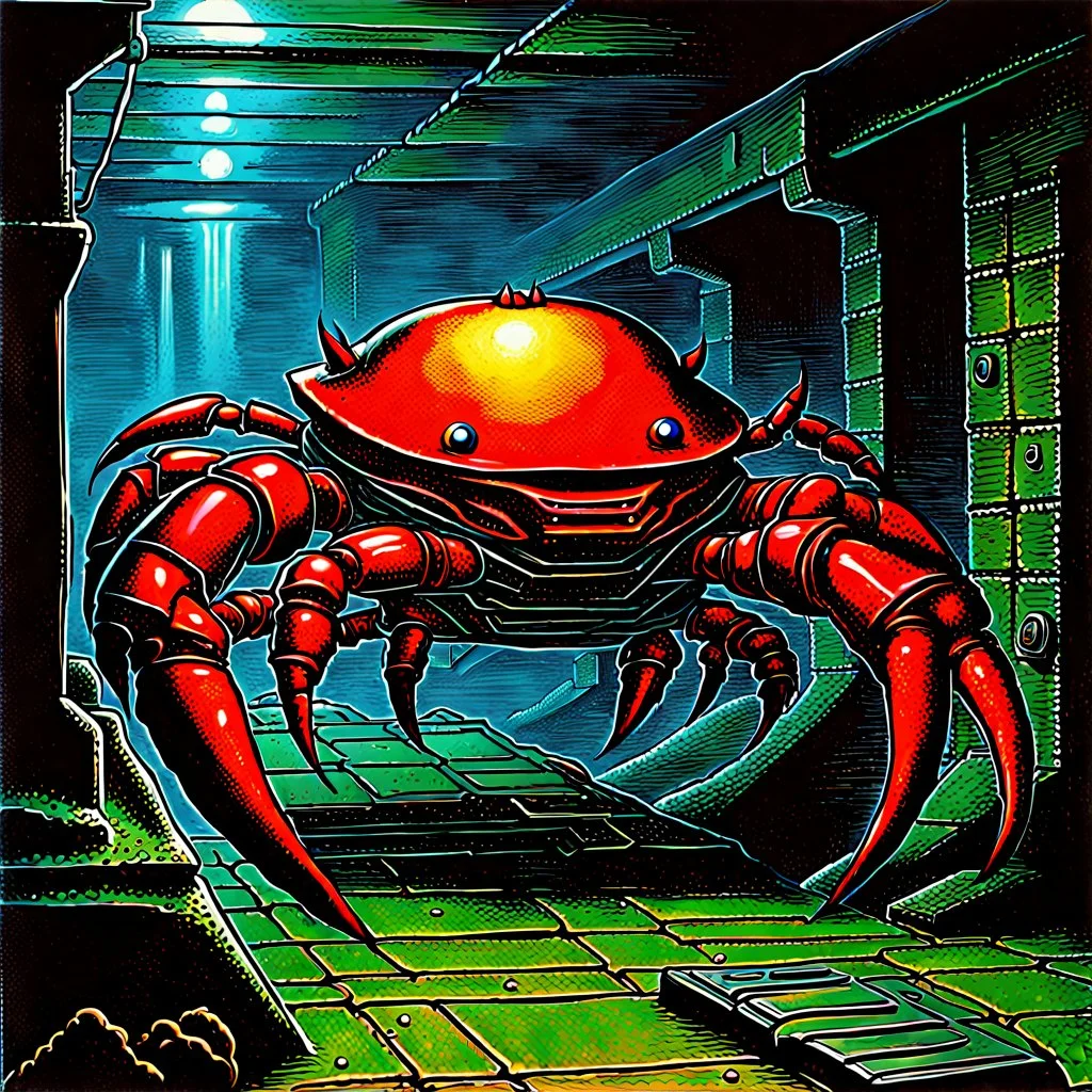 90's TCG fantasy artwork art of robot crab in sewer