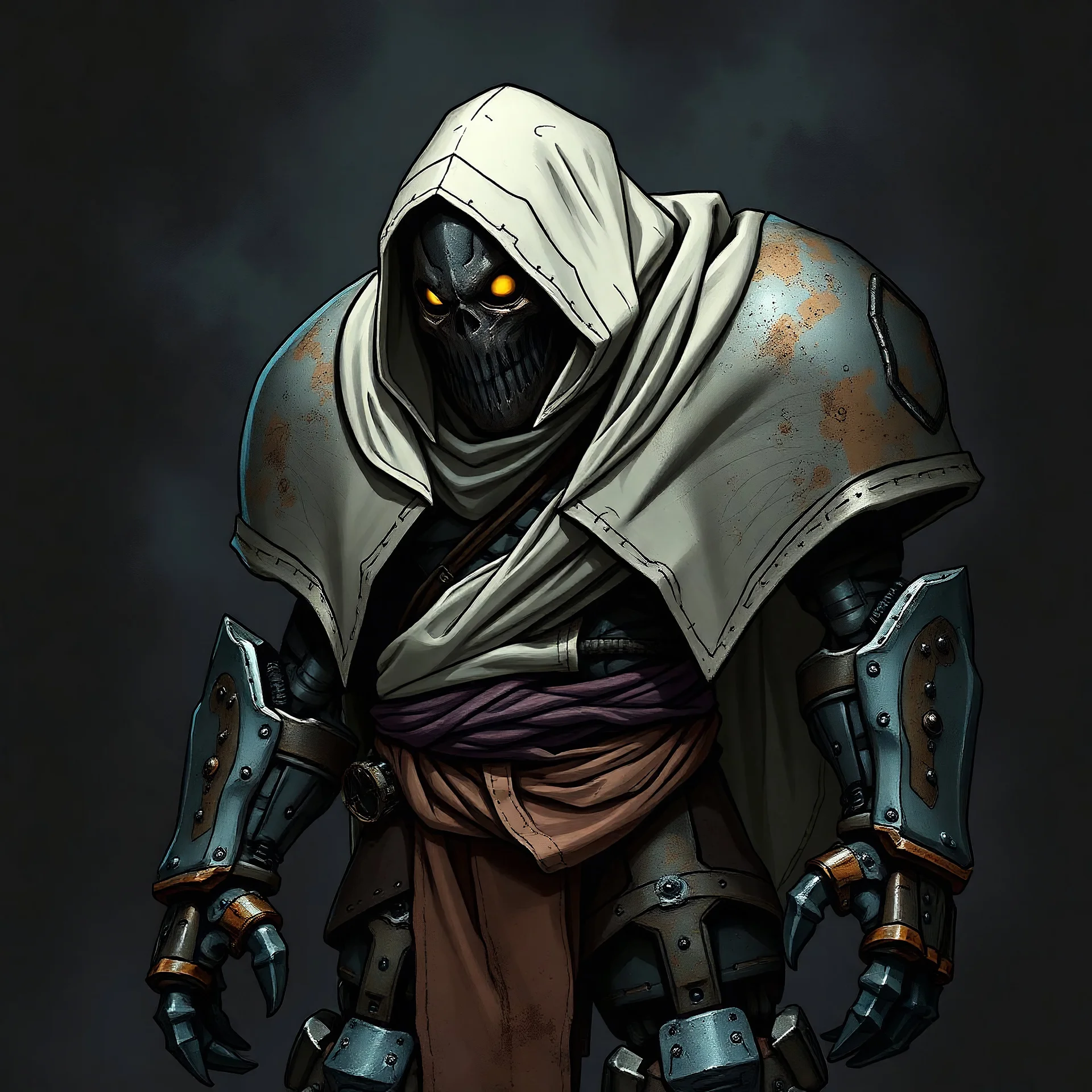 simple fantasy warforged, large build, ultron-head shape, large gap lines, warforged, riggid curves, rusted plating, hard edges, white hooded, wrapped sash on belt, alloy colored plate, rust marks, shadowed joints, glowing eyes, dark background, characteristic comic style, grit dark fantasy, d&d art, fantasy background, screen tones, solo piece