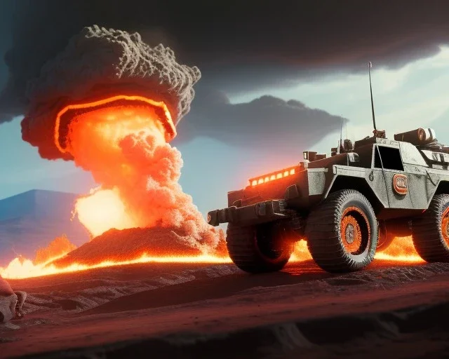 wide angle of Gi joe driving A lunar armored rover with tracks and claw and orange, troops, big Erupting Cloudy volcano, White headlight on flamethrower