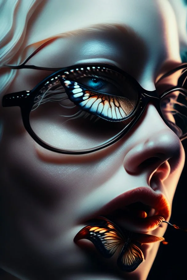 surreal,close up portrait an albino woman, the huge butterfly crawls out of from her mouth, dramatic lighting, photorealistic, 4k, highly detailed, sharp focus, acclaimed artwork, noir, dark, bizarretylized with glasses, bizarre,surreal,