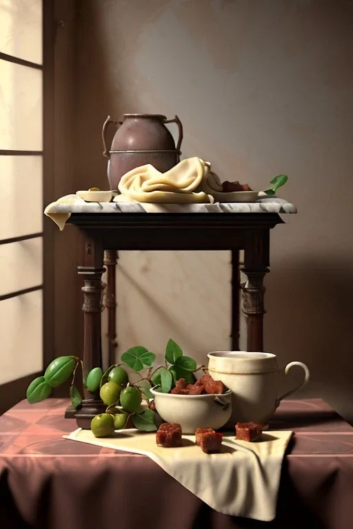 renaissance style still life composite, dish of Raviolis with cow meat, vine cup, olive oil. moisture, art, natural, ornaments, ceramic, marble, high kitchen, smooth, god rays, unreal engine 5, ray tracing, RTX, lumen lighting, ultra detail, volumetric lighting, 3d.