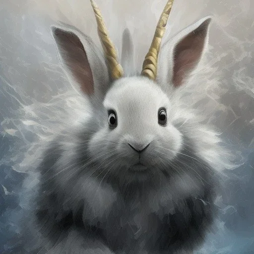 fantasy magic, sharp focus, illustration, highly detailed, digital painting, concept art, art germ and Paul Lewin and Kehinde Wiley, masterpiece silver slolo rabbit with unicorn horn, dark blue aye