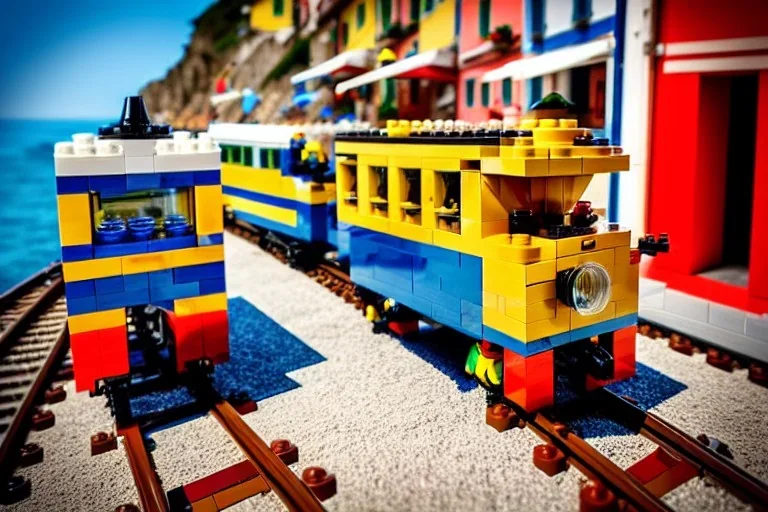 Lego close up Train in lego riomaggiore italy sea town lego