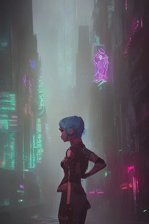 elf detective in a neon dystopian city during a rainstorm