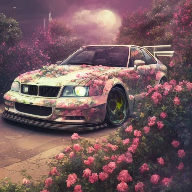 jdm car, dans un nuage de fleur, concept art, réaliste, synthwave, couleurs vibrante