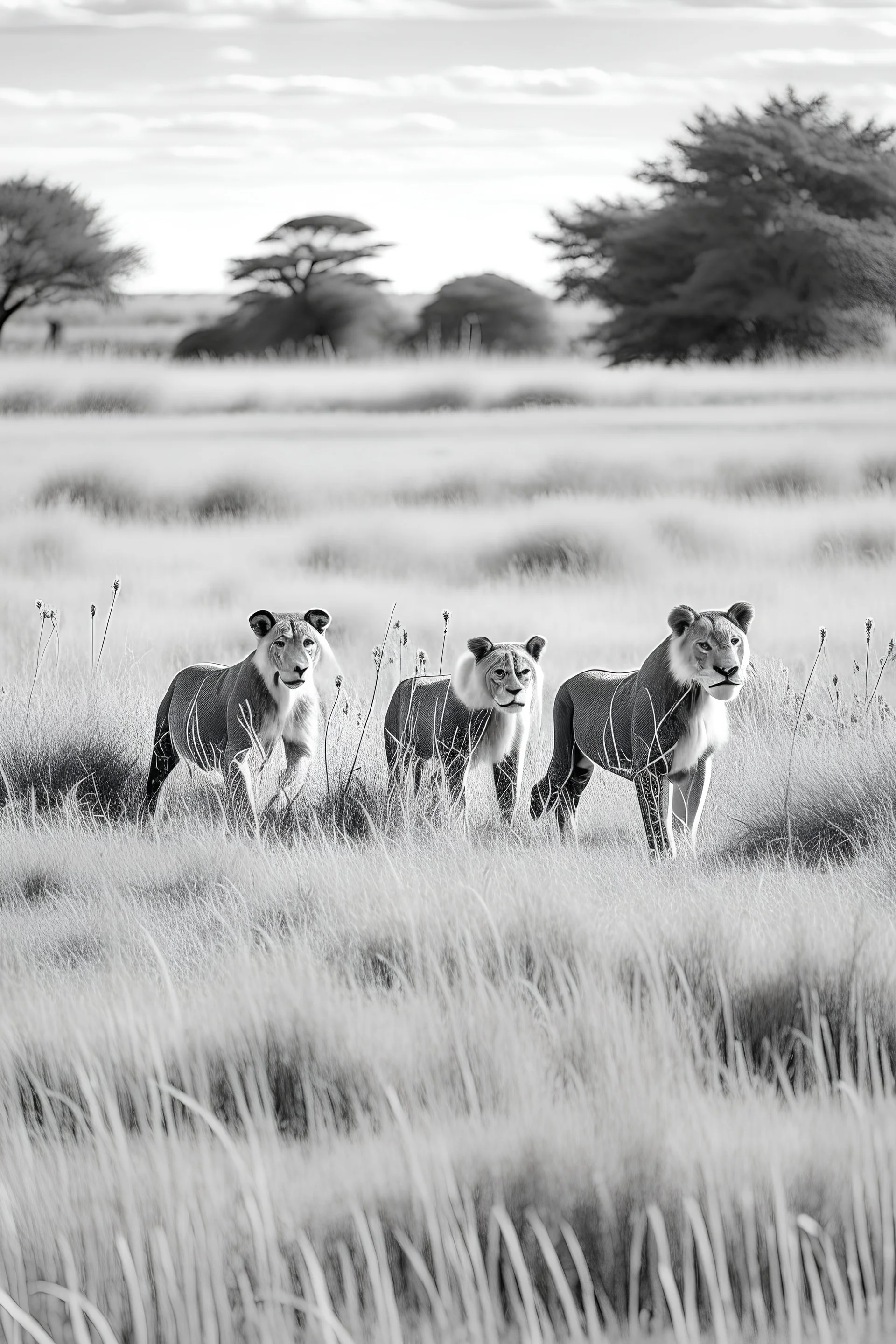 Black and white outlined lions roaming on grasslands