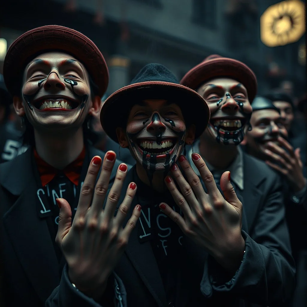 foto Ilford tiltshift surreale di persone con sorrisi enormi e mani inespressive, carnevale, dettagli dei vestiti molto accentuati, misterioso, tenebroso, marcio, macabro, fiotti di liquido nero, Egon Schiele, Caravaggio, Gustav Klimt and Max Ernst style, hypermaximalist figures, light, details of the liquid extremely accentuated, Minicavio Quollati style, photography by Marlost Endgulp, dark atmosphere, 4k, sharp focus