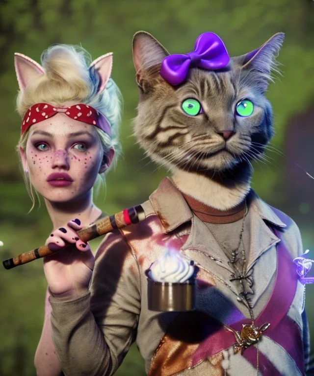 Ultra realistic photo, happy couple, blonde Alice woman and purple cat smoking a pipe, circus blue dress style, black headband with bow, old school body tattoo, smoke, marihuana garden, glow eyes, perfect iris, soft color, highly detailed, unreal engine 5, ray tracing, RTX, lumen lighting, ultra detail, volumetric lighting, high definition.