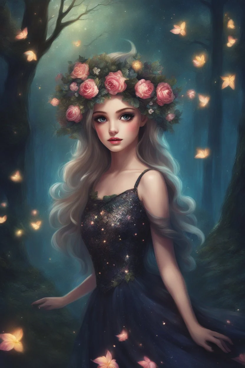 Painting of a beautiful girl, beautiful, haunted forest, flowers on her head, glitter dress, young girl, fantasy art, anime portrait, barbie face, big eyes, bright eyes, dream, trees, forest background, dark night, song, glitters background, fantasy, high quality, 8k