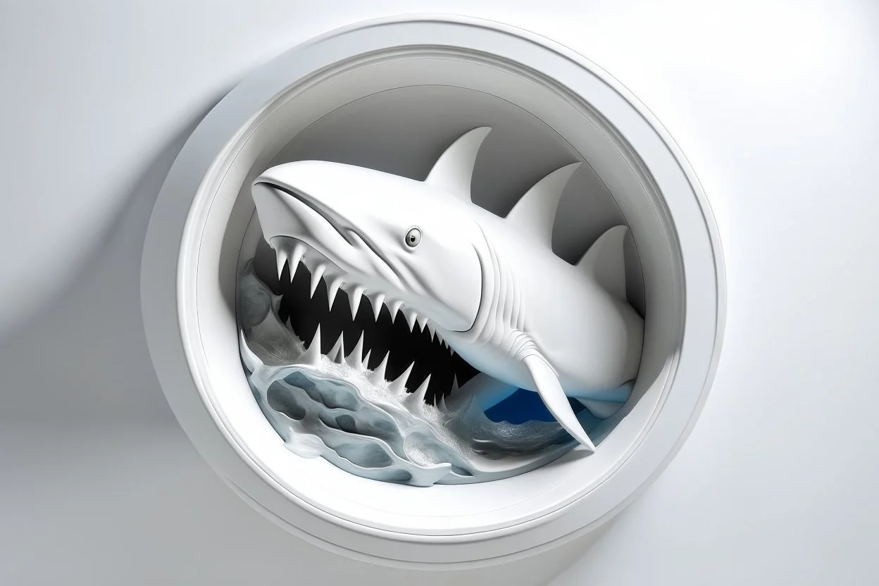 white,background,looking,through,a 3-d, hole,or,window,,a,seeing,shark ,skulpture,like