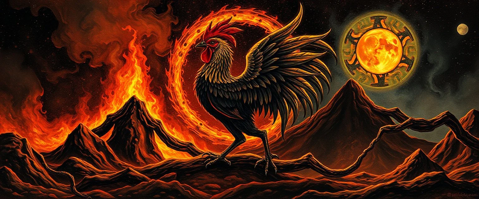 &The source of light shadow chaos order, Abraxas the first creature, older than God fire and darkness volcano Haiti god with rooster head and serpent legs as a vision of the beginning of awakening within a dream of paint color and time, 365, ruling over the sun the planets, color, time itself