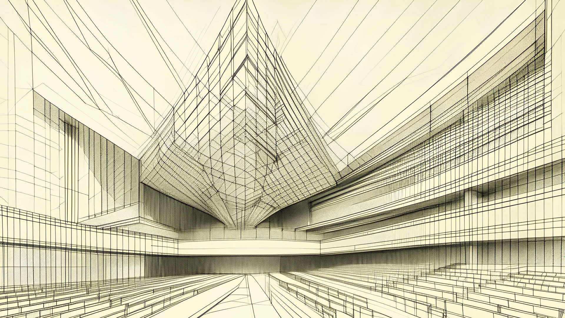 A modernist, minimalist illustration of a concert hall filled with pulsing, geometric forms that embody the synesthetic translation of the music's harmonic structure and dynamics., pencil drawing