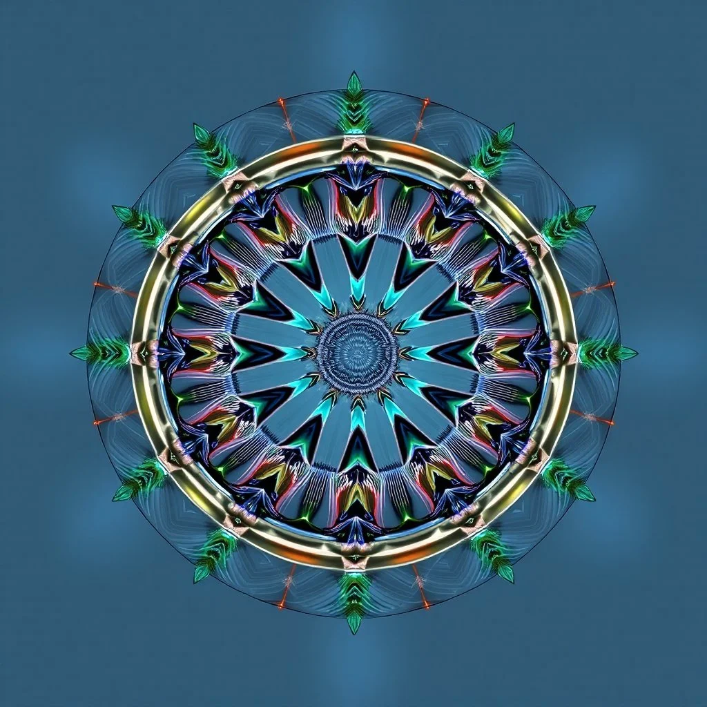 2d Kaleidoscope recursive made of a metallic random color ribon circle ring turning many times in side of a bigger circle with random points in first circle making line art,blue gray tema background