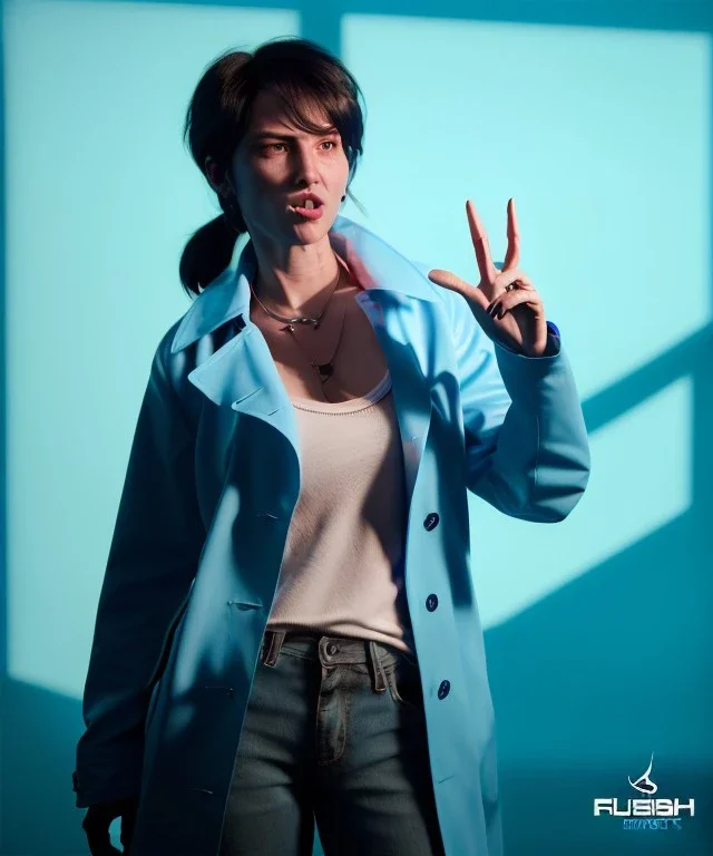 Ultra Realistic image, photo studio, medium shot view, a woman making the fuck off gesture with his finger, blue smoke coming out of his nose and mouth. Latex inflatable coat, soft color, highly detailed, unreal engine 5, ray tracing, RTX, lumen lighting, ultra detail, volumetric lighting, finely drawn, high definition, high resolution.