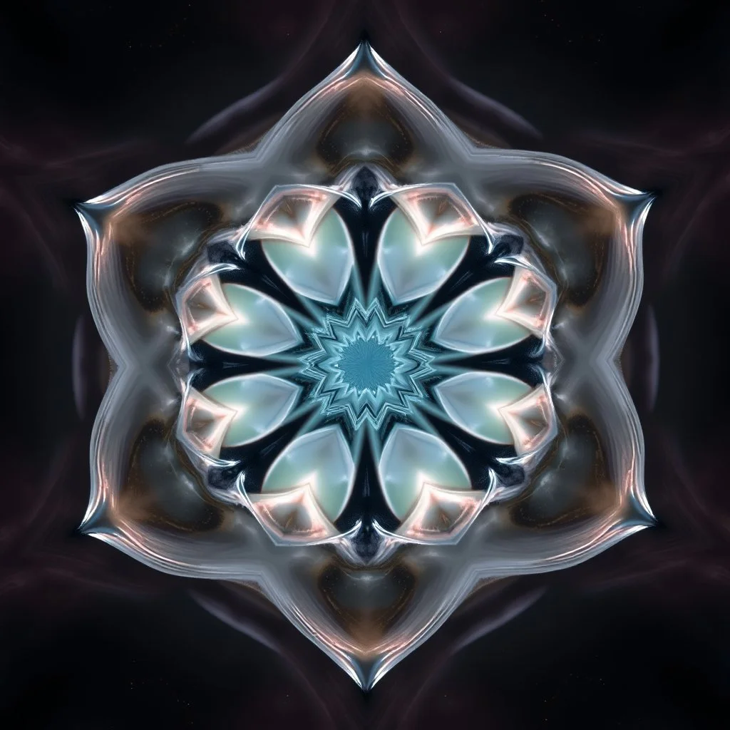 Mesmerizing abstract visual, recursive Symmetrical 3d structure of flowing translucent shapes, centered, soft aesthetic, negetive space.galaxsy background