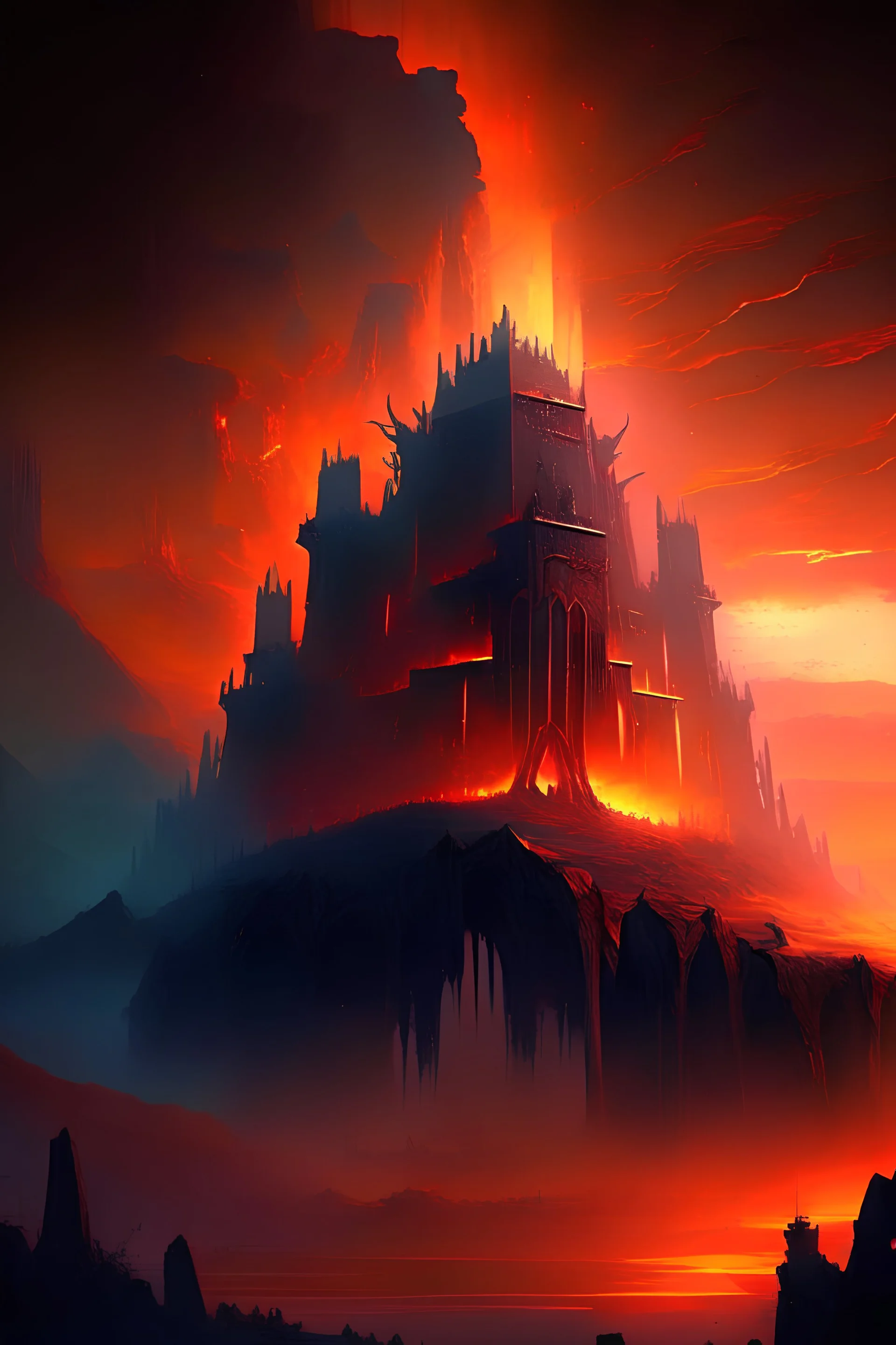 giant citadel, glowing environment, hellish landscape, grand castle