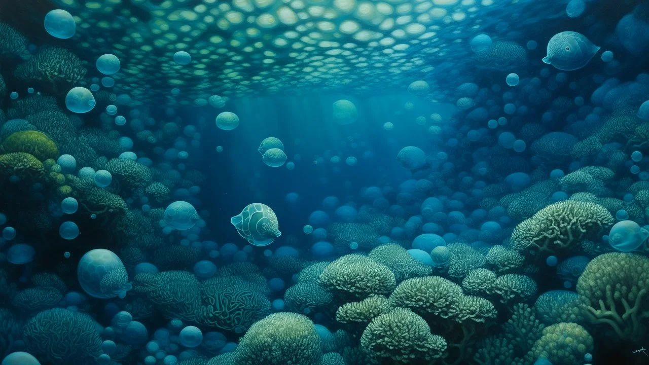 A greenish blue undersea reef with bubbles painted by Giovanni Battista Sassi