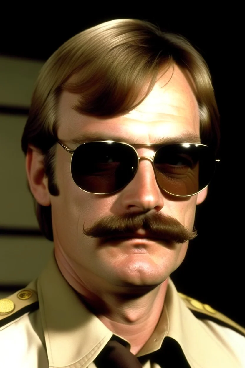 jeffrey dahmer in sheriff uniform with sunglasses and mustache