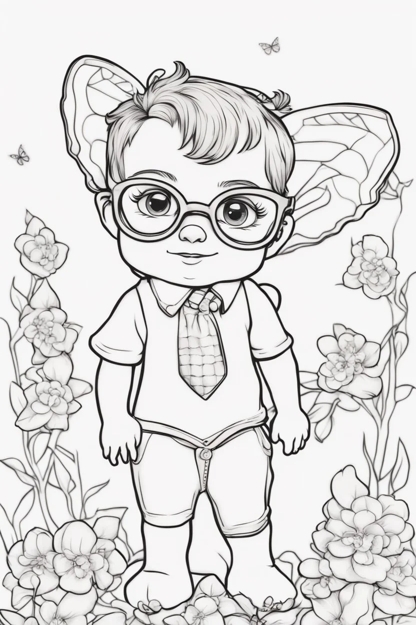 Outline art for cute coloring pages with butterfly with glasses, full body, white background, sketch style, only use outline, clean line art, no shadows and clear and well outlined.