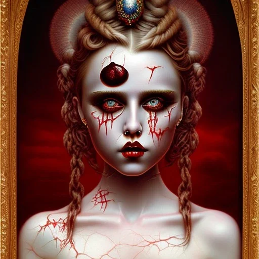 singer Danish MØ face, style surrealism by <Mark Ryden>, blood, guts, darkred tones,