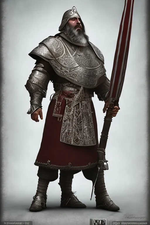 Old Armenian knight with beard, strong, agressive, detailed, 3D textures