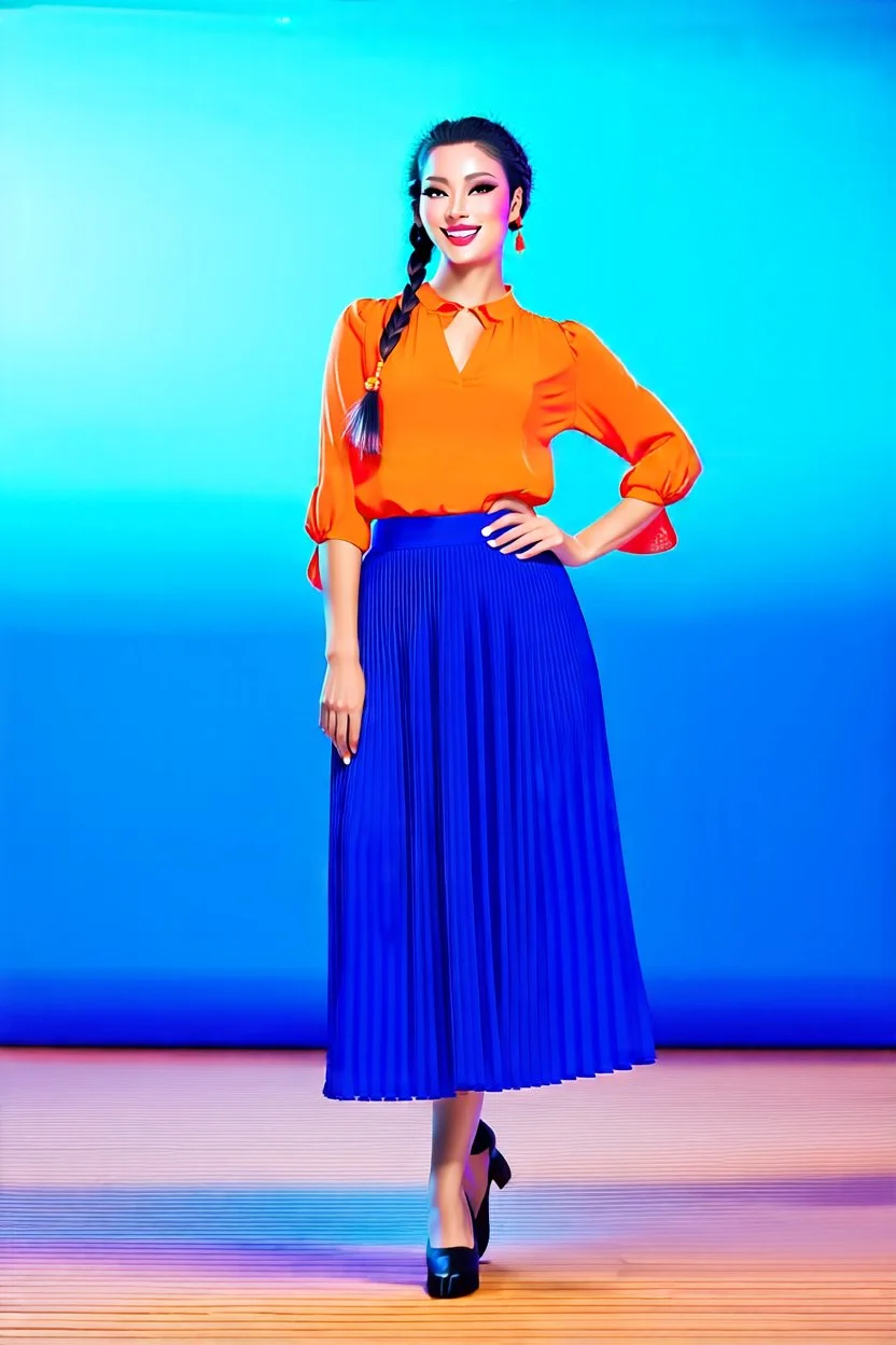 full body of very beautiful lady midi blue skirt and orange bluse , Braided hair ,standing idle happy pose in studio pretty makeup