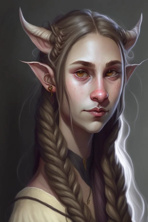 portrait of a young tiefling in her twenties, very light long hair, enclosed in a braid, small ears, small and elegant nose