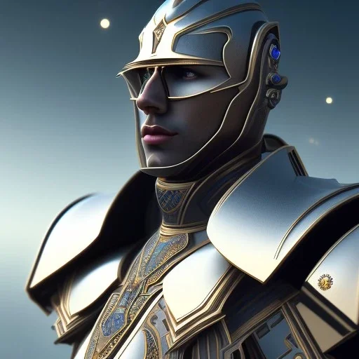 A handsome npc standing in front of a church, futuristic design, a paradise in background, close-up face, geometric armor, female face, 3d unreal engine, black face, close up armor