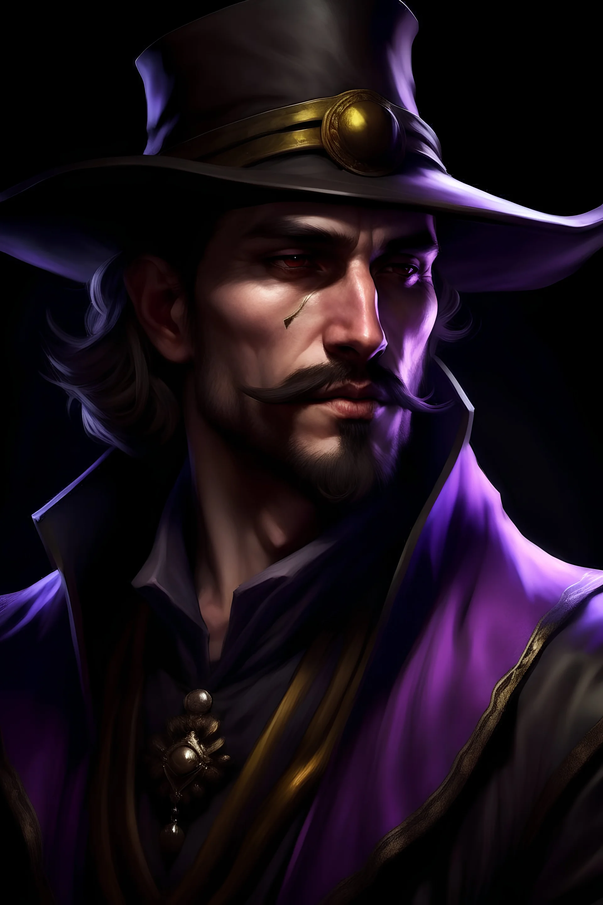 Cold long john silver from cowboy bebop anime wearing a dark purple shirt and black hat, standing still, d & d, fantasy, intricate, elegant, highly detailed, digital painting, artstation, concept art, matte, sharp focus, photo hyper realistic