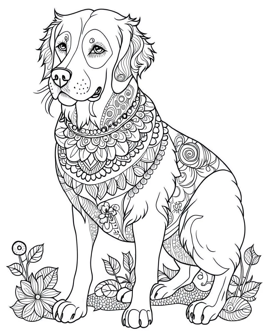 beautiful full body Golden Retriever, coloring page for adults, photo realistic, clean line art , mandala, high detailed, no background, mandala, white, black, coloring book, sketchbook, realistic sketch, free lines, on paper, character sheet, 8k