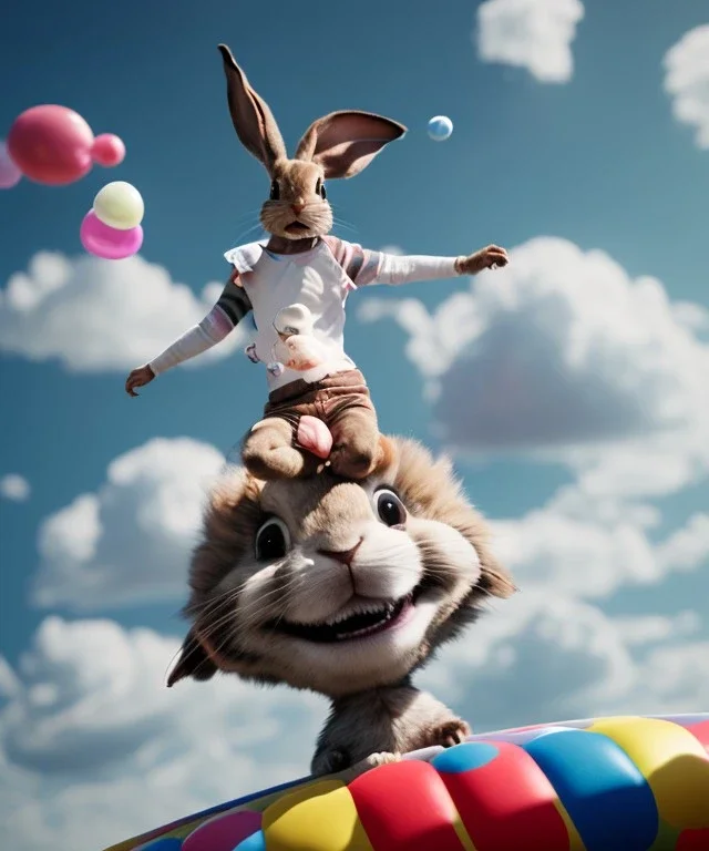 Ultra realistic speed clouds sky scene, wide angle view, child falling down with many Children background, rabbit head, inflatable monsters, circus dress style, feather color, free jumping flying, many trinkets, hair monster, many jelly beans, balls, color smoke, smile, happy, extreme, wind, clouds sea, 20,000 feet altitude, stratosphere, soft color, highly detailed, unreal engine 5, ray tracing, RTX, lumen lighting, ultra detail, volumetric lighting, 3d, finely drawn, high definition.