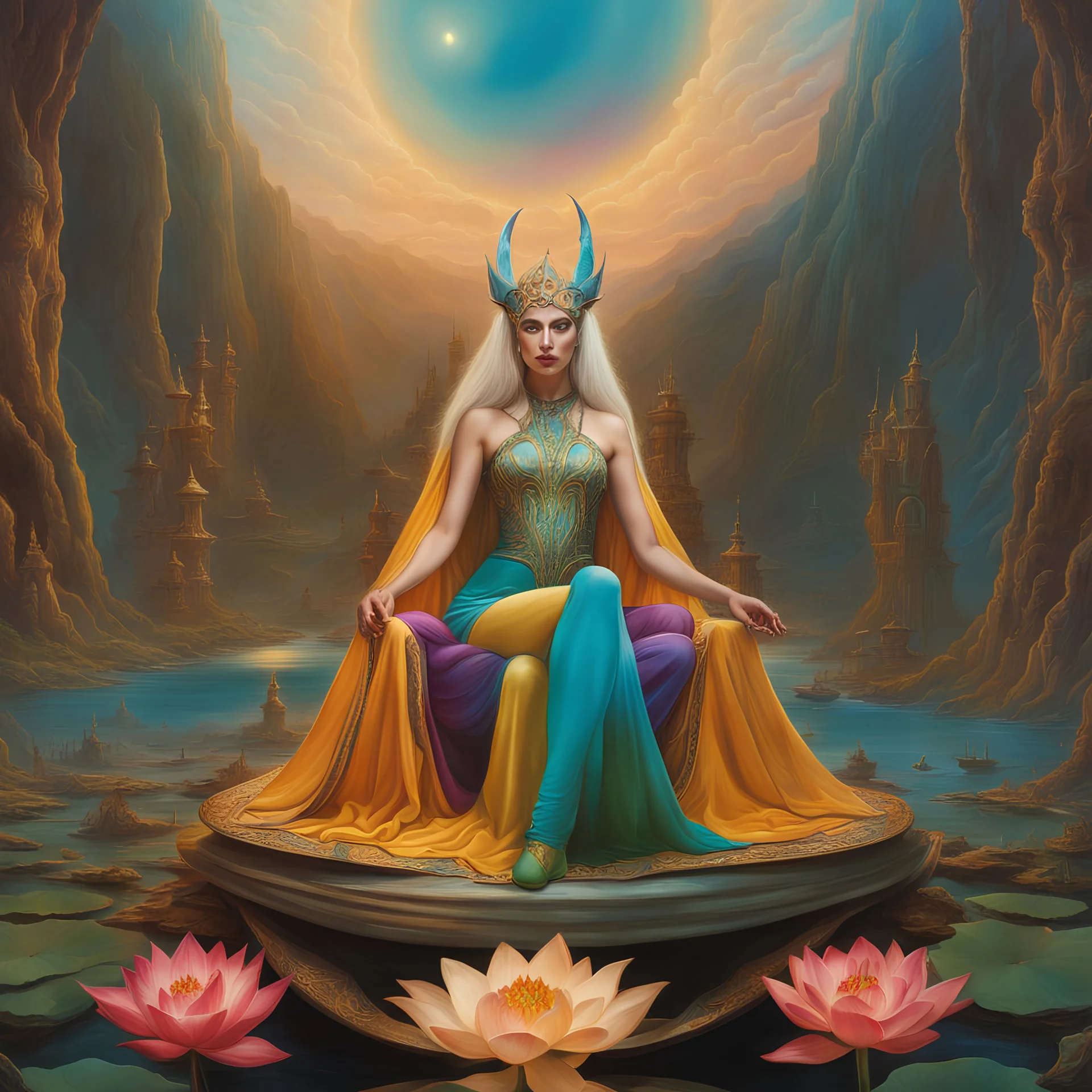 art by Patrick Woodroffe in the style of Salvador Dali, psychedelic colors, Lady Gaga as an elf queen, seated in lotus position, in an elven kingdom, HD 4K ultra high resolution, photo-real accurate, cinematic volumetric lighting