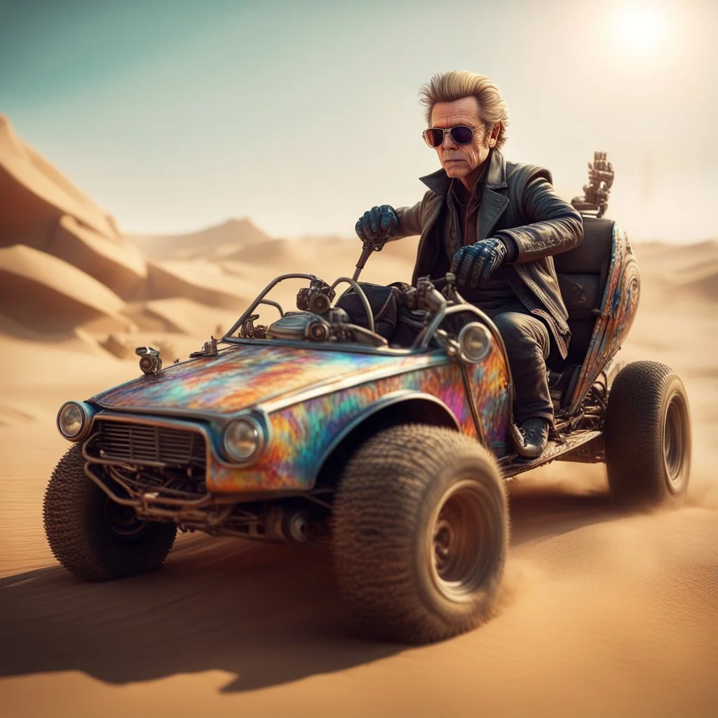 airbrush with pen outline, cool space mad max pimp Christopher Walken gremlin with a psychedelic dune buggy in action scene, wearing driver gloves, wearing flip down sun glasses, in the style of a fallout 4,bokeh like f/0.8, tilt-shift lens 8k, high detail, smooth render, down-light, unreal engine, prize winning