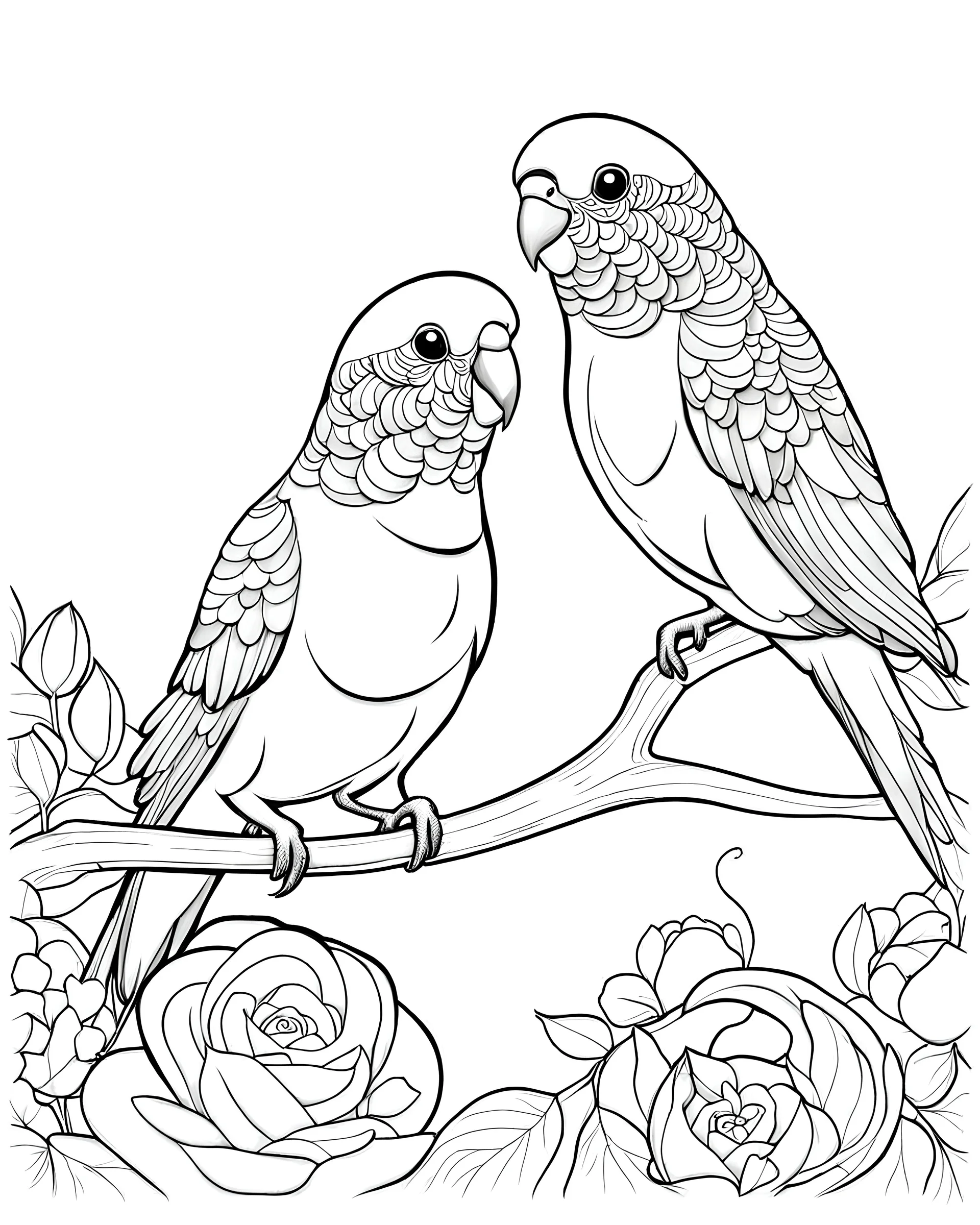 B/W outline art,coloring book page, full white, super detailed illustration for adult,"Budgie love:love in colors valentines book", crisp line, line art, high resolution,cartoon style, smooth, low details, no shading, no fill, white background, clean line art,low background details, Sketch style.